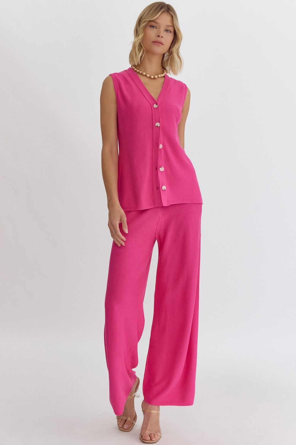 Final Sale High Waist Wide Leg Knit Pants Hot Pink
