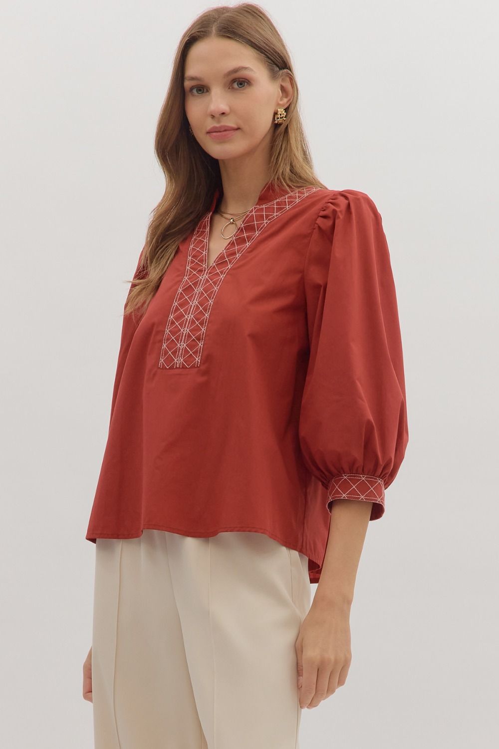 Sale 3/4 Puff Sleeve Embroidered Trim Top