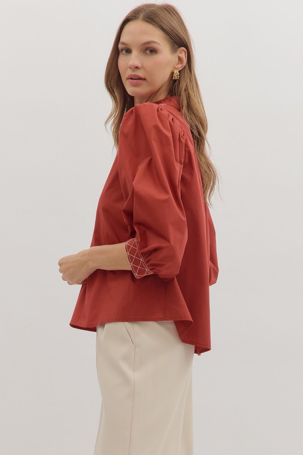 Sale 3/4 Puff Sleeve Embroidered Trim Top