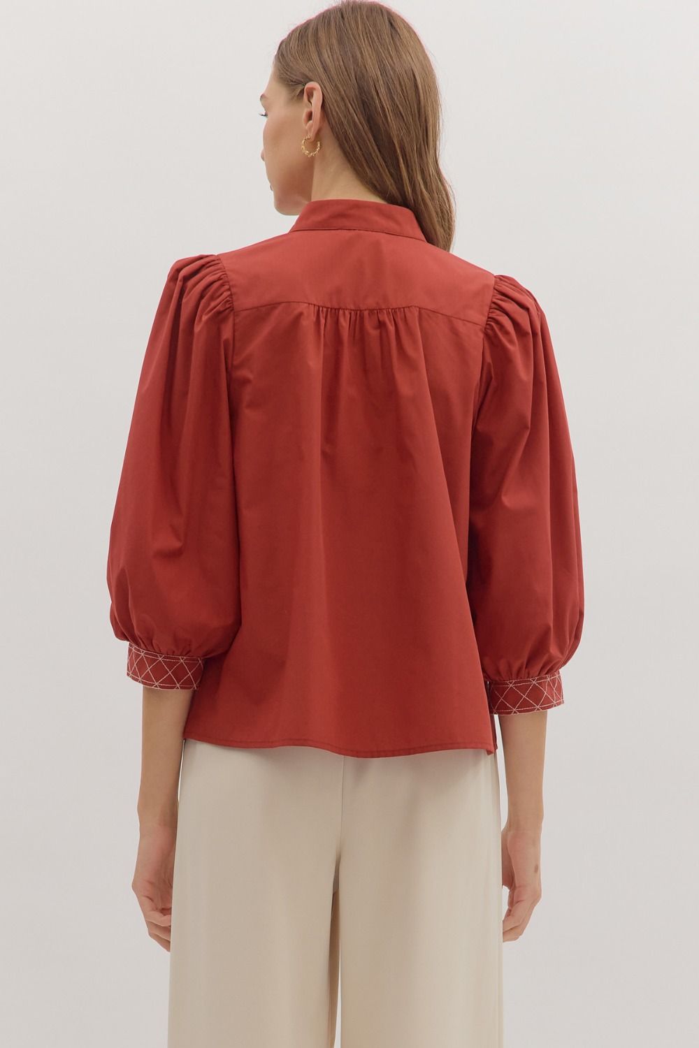 Sale 3/4 Puff Sleeve Embroidered Trim Top