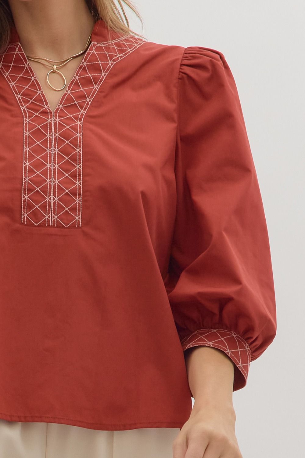 Sale 3/4 Puff Sleeve Embroidered Trim Top