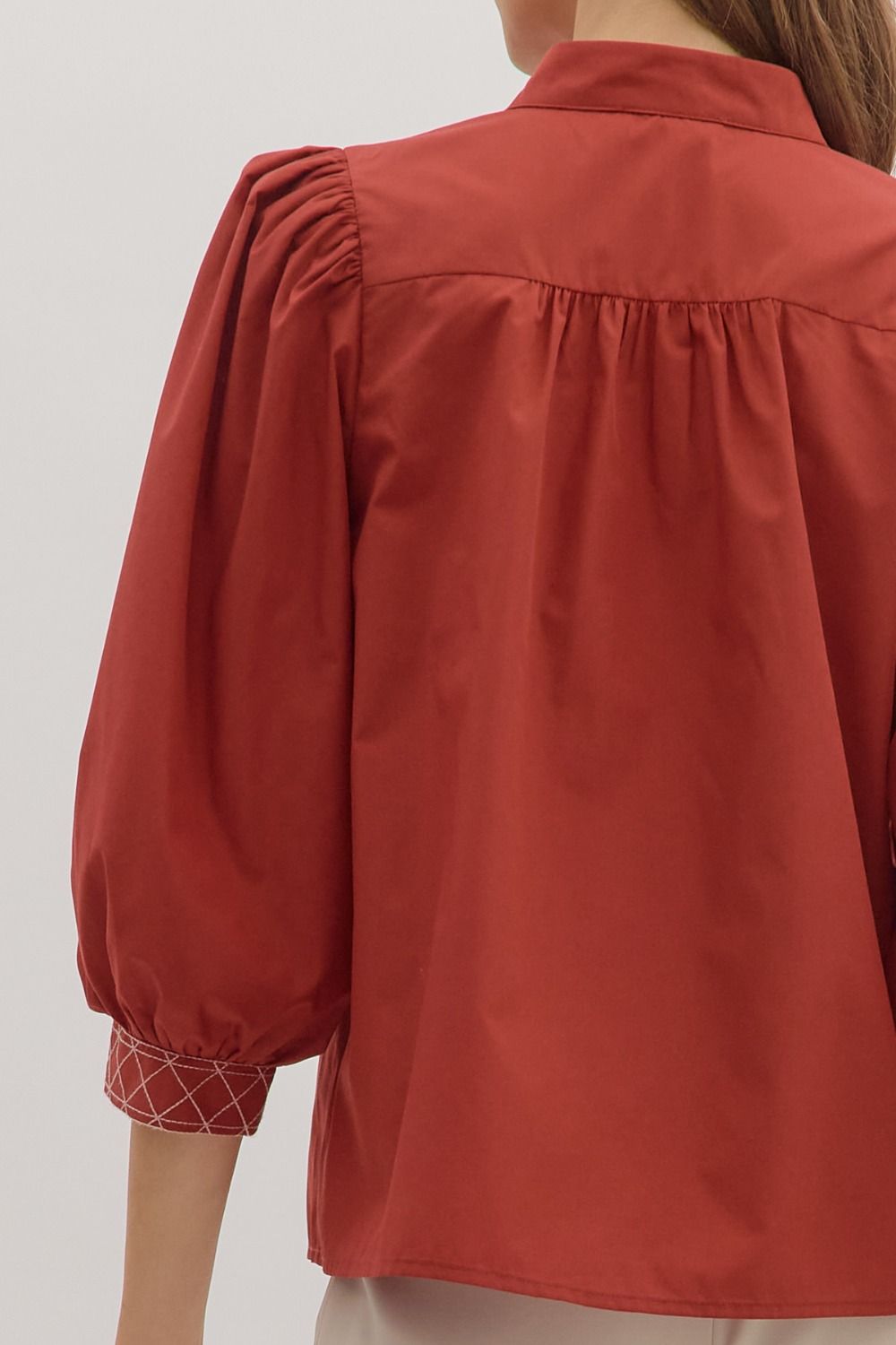 Sale 3/4 Puff Sleeve Embroidered Trim Top