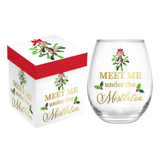 Evergreen Home - Drinkware Stemless Wine Glass Meet Me Under The Mistletoe