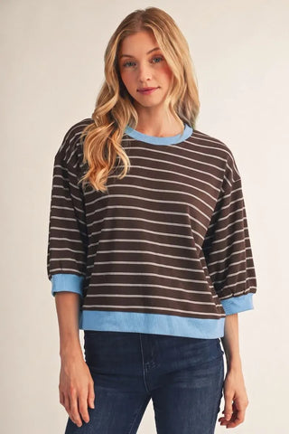 3/4 Sleeve Striped Top with Blue Trim - Brown/White