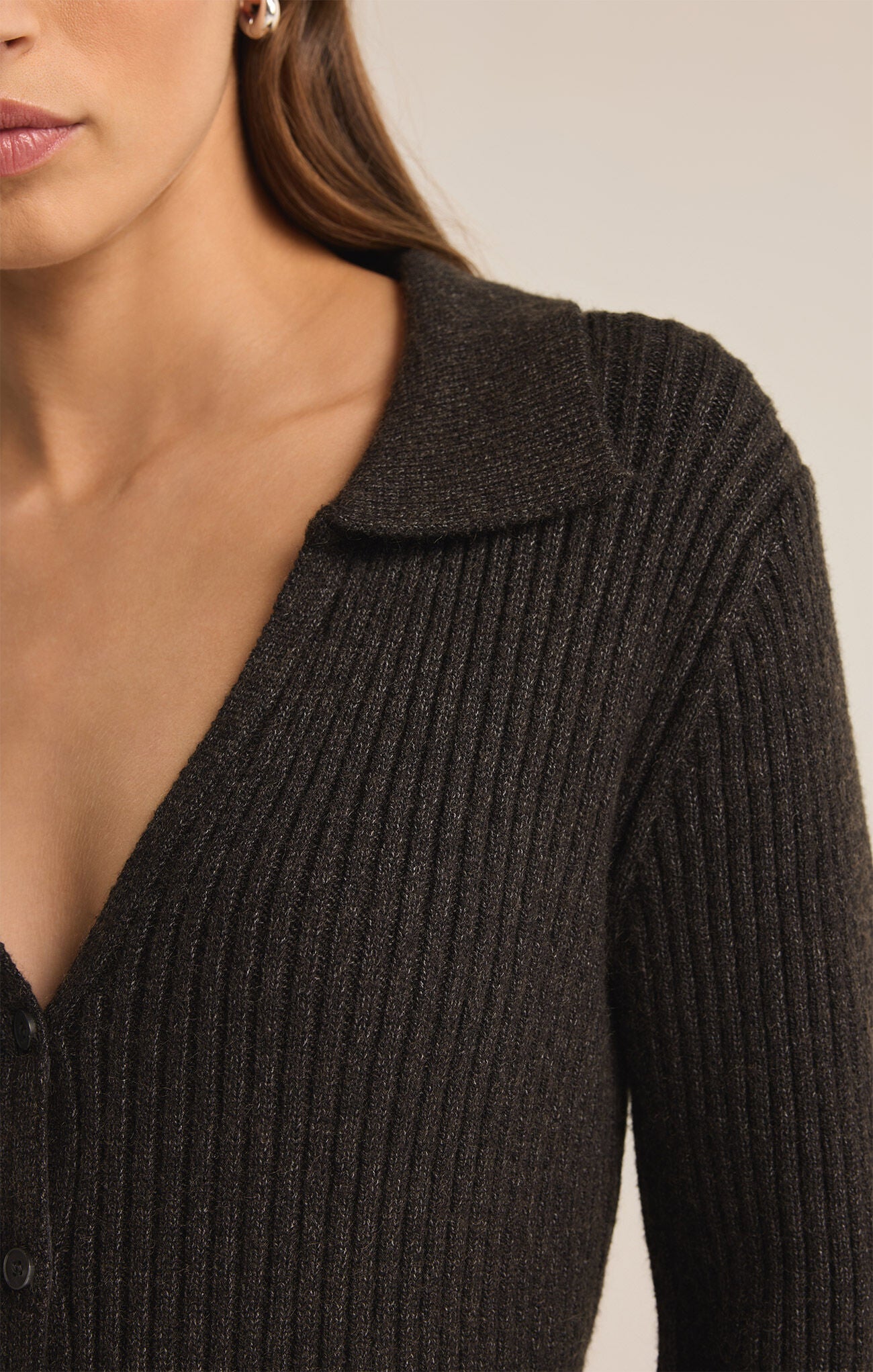 Final Sale Rina Button Up Rib Sweater Charcoal Heather