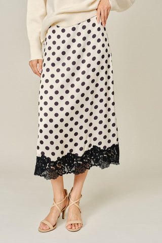 Jodifl Bottoms - Skirts Sm Polka Dot Satin Midi Skirt w/Lace Hem Detail