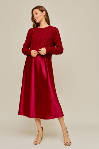 Jodifl Dresses Satin Cami Midi Dress w/Cable Knit Sweater Set