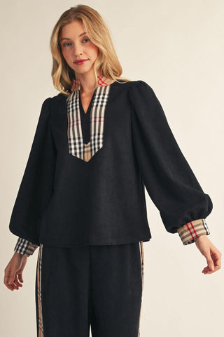 Jodifl Tops - Blouse Long Puff Sleeve Faux Suede Top w/Plaid Contrast Detail