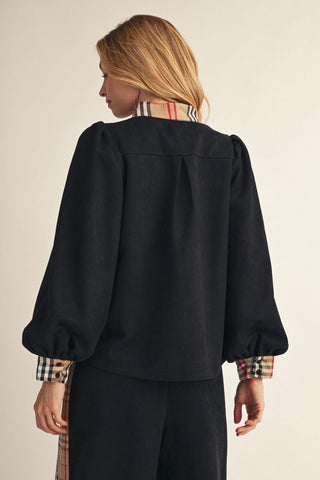 Jodifl Tops - Blouse Long Puff Sleeve Faux Suede Top w/Plaid Contrast Detail