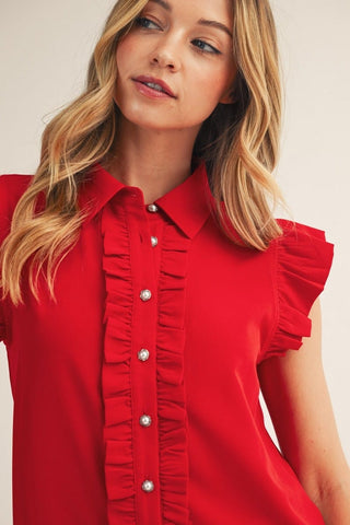 Jodifl Tops - Blouse Ruffle Detail Button Down Crinkled Solid Top
