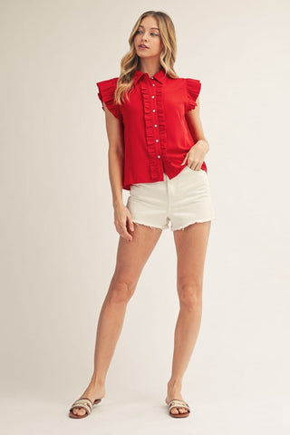Jodifl Tops - Blouse Ruffle Detail Button Down Crinkled Solid Top