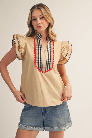 Jodifl Tops - Blouse Ruffle Sleeve Plaid Contrast Accent Top