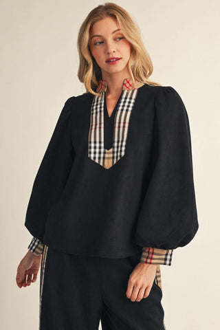 Jodifl Tops - Blouse Sm Long Puff Sleeve Faux Suede Top w/Plaid Contrast Detail
