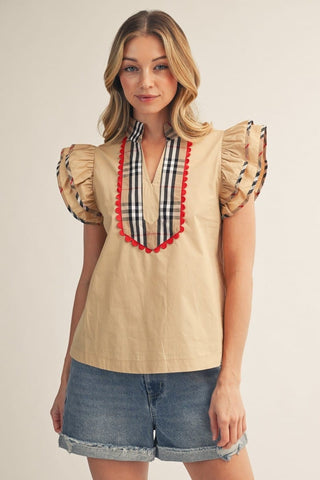 Jodifl Tops - Blouse Sm Ruffle Sleeve Plaid Contrast Accent Top