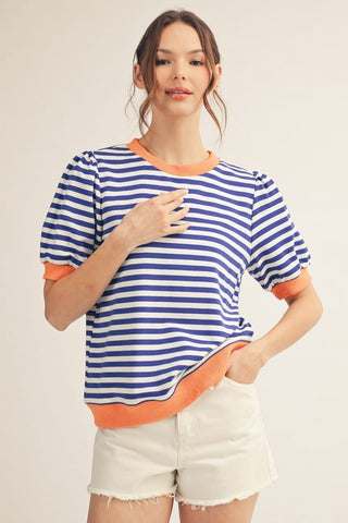 Jodifl Tops - Blouse Sm Stripped Royal Top w/Contrast Trim