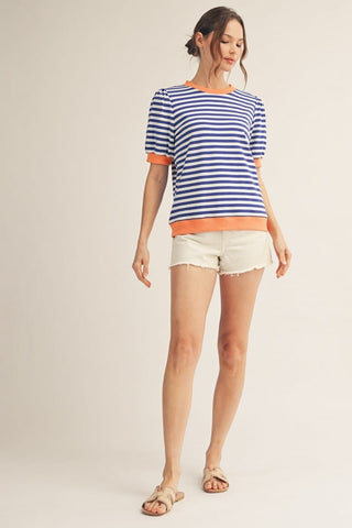 Jodifl Tops - Blouse Stripped Royal Top w/Contrast Trim
