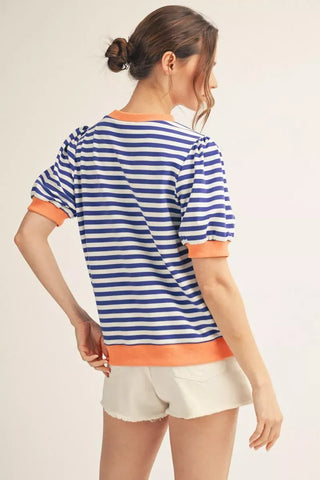 Jodifl Tops - Blouse Stripped Royal Top w/Contrast Trim