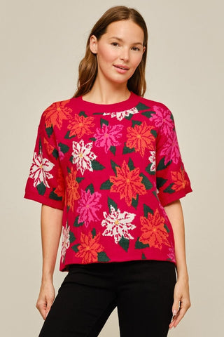 Jodifl Tops - Sweaters Short Sleeve Poinsettia Pattern Sweater w/Sequins