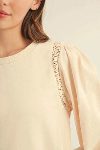 Jodifl Tops - Sweatshirt 3/4 Puff Sleeve Sweatshirt w/Crochet Lace Trim