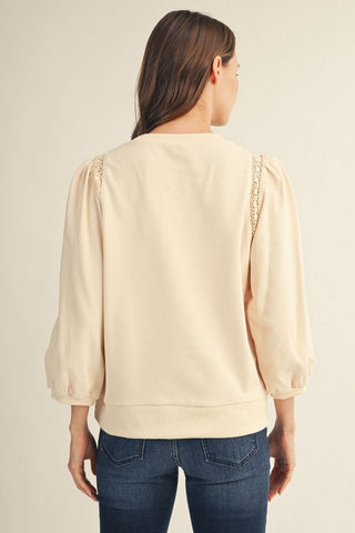 Jodifl Tops - Sweatshirt 3/4 Puff Sleeve Sweatshirt w/Crochet Lace Trim