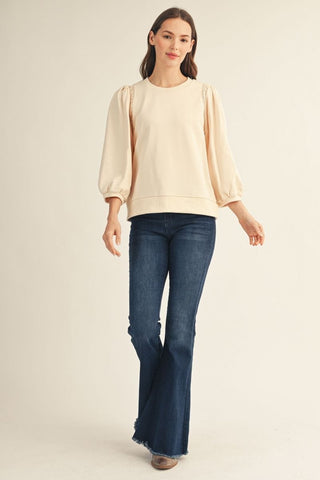 Jodifl Tops - Sweatshirt 3/4 Puff Sleeve Sweatshirt w/Crochet Lace Trim