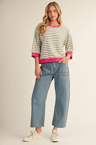 Jodifl Tops - Sweatshirt 3/4 Sleeve Striped Top w/Color Trim Accent Ivory/Hot Pink