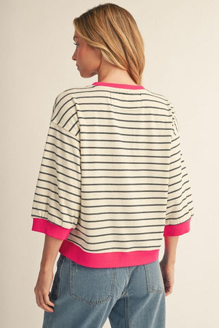 Jodifl Tops - Sweatshirt 3/4 Sleeve Striped Top w/Color Trim Accent Ivory/Hot Pink
