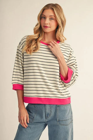Jodifl Tops - Sweatshirt Sm 3/4 Sleeve Striped Top w/Color Trim Accent Ivory/Hot Pink
