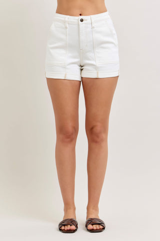 Judy Blue Bottoms - Shorts High-Rise  Aurora Weekender Short Double Rolled Cuff White