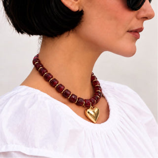 Kenze Penne, Inc. Jewelry - Necklaces Burgundy Beaded Necklace w/ Gold Heart Charm