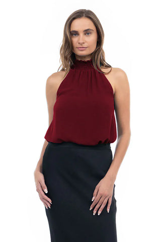 Naked Zebra Tops - Blouse Sm Sale Halter Mock Neck Smocked Rounded Hem Top Mahogany