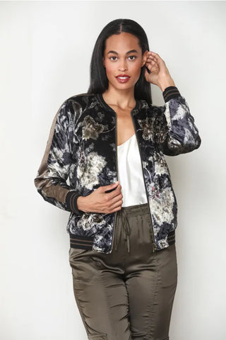 Paparazzi Outerwear - Jackets Reversible Print Panne Velvet Baseball Jacket