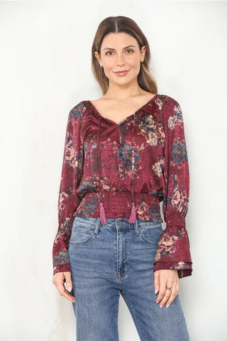 Paparazzi Tops - Blouse Sm Verona Print Satin Peasant Long Sleeve Top