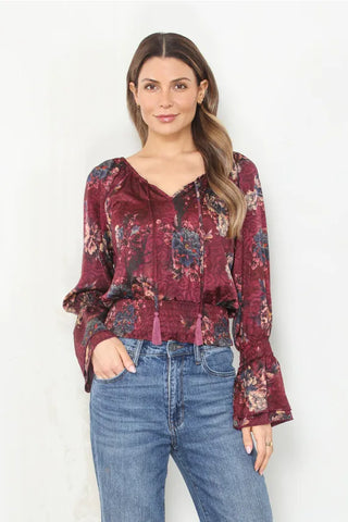 Paparazzi Tops - Blouse Verona Print Satin Peasant Long Sleeve Top