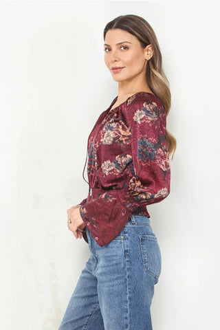 Paparazzi Tops - Blouse Verona Print Satin Peasant Long Sleeve Top