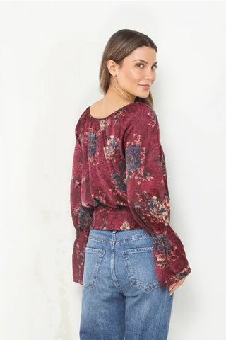 Paparazzi Tops - Blouse Verona Print Satin Peasant Long Sleeve Top