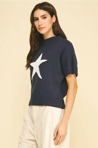 Pinch Tops - Sweaters Short Sleeve Mock Neck Star Sweater