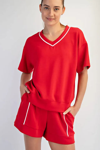 Rae Mode Tops - Sweatshirt Sm Soft V-Neck Short Sleeve Top w/Piping Detail