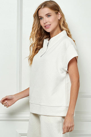 See And Be Seen Tops - Sweatshirt Textured Half Zip Top Cream