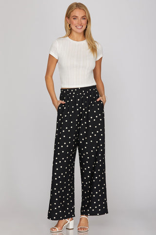 She + Sky Bottoms - Pants Sm Woven Polka Dot Print Pants w/Pockets Black