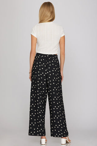 She + Sky Bottoms - Pants Woven Polka Dot Print Pants w/Pockets Black