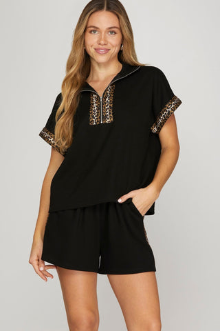She + Sky Bottoms - Shorts Sale Black Shorts w/Leopard Contrast Elastic Waist