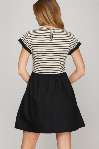 She + Sky Dresses Contrast Cap Sleeve Striped Knit Top & Woven Skirt Combo