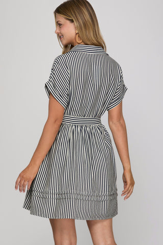 She + Sky Dresses Drop Short Sleeve Striped Collared Button Up Dress