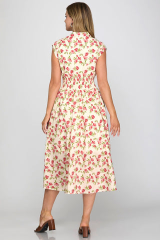 She + Sky Dresses Drop Shoulder Smocked Waist Front Zip Midi Dress