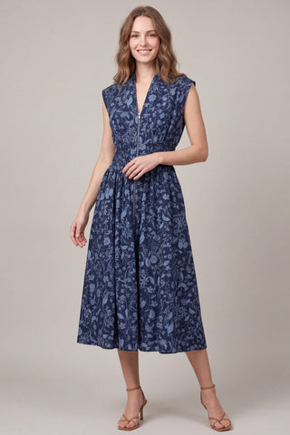 She + Sky Dresses Drop Shoulder Smocked Waist Front Zip Midi Dress Navy