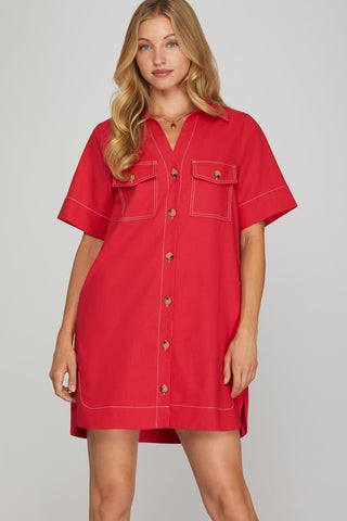 She + Sky Dresses Short Sleeve Button Down Shirt Dress