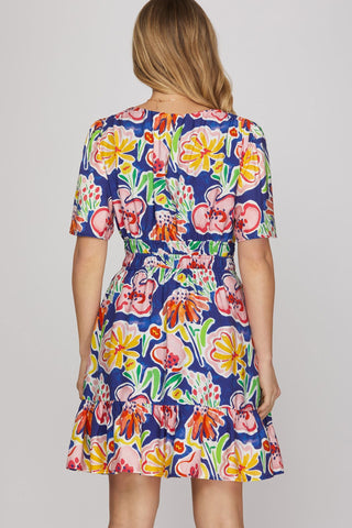 She + Sky Dresses Short Sleeve V-Neck Floral Print Dress
