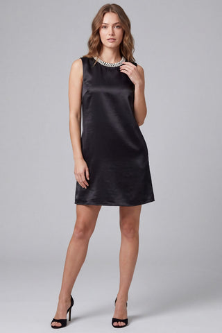 She + Sky Dresses Sleeveless Faux Pearl Embellished Neckline Satin Dress
