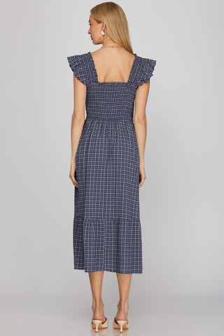 She + Sky Dresses Sleeveless Ruffle Strap Check Smocked Midi Dress